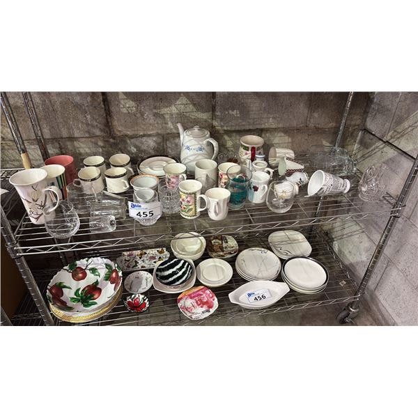 SHELF OF ASSORTED COFFEE CUPS, TEACUPS, DRINKING GLASSES, CREAMER, SMALL GLASS PITCHER & MORE
