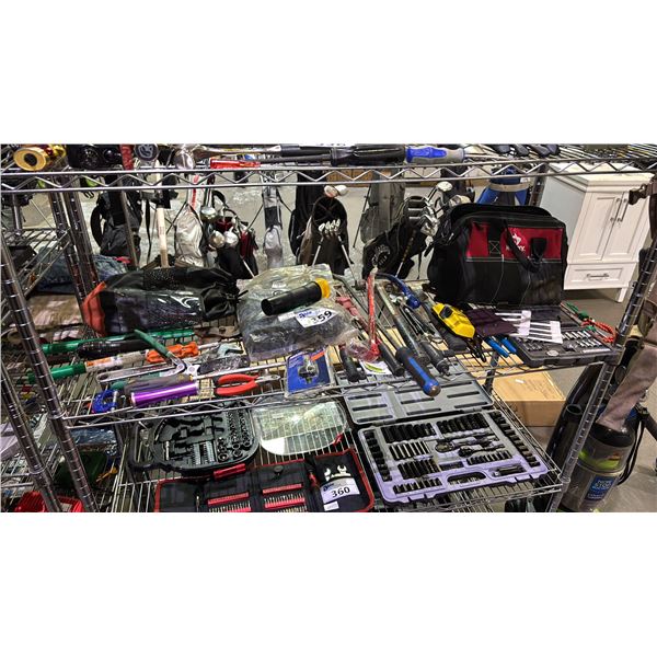SHELF LOT OF ASSORTED HAND TOOLS AND HUSKY STORAGE TOOL BAG