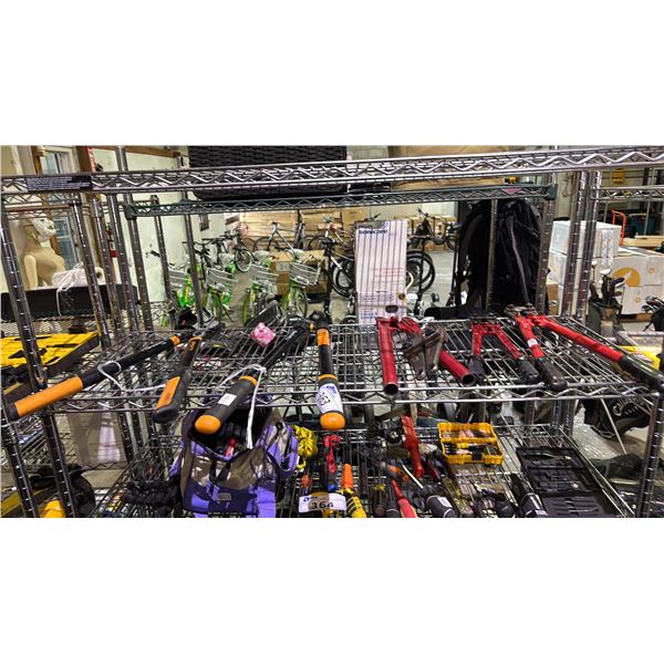 SHELF OF ASSORTED BRANCH CUTTERS AND BOLT CUTTERS