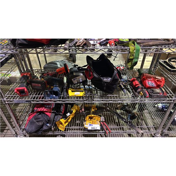 SHELF LOT OF ASSORTED ITEMS INCLUDING MILWAUKEE CORDLESS DRILL AND DISK CUTTER, BATTERY CHARGERS,