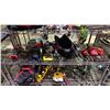 Image 1 : SHELF LOT OF ASSORTED ITEMS INCLUDING MILWAUKEE CORDLESS DRILL AND DISK CUTTER, BATTERY CHARGERS,