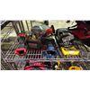Image 2 : SHELF LOT OF ASSORTED ITEMS INCLUDING MILWAUKEE CORDLESS DRILL AND DISK CUTTER, BATTERY CHARGERS,