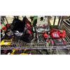 Image 3 : SHELF LOT OF ASSORTED ITEMS INCLUDING MILWAUKEE CORDLESS DRILL AND DISK CUTTER, BATTERY CHARGERS,