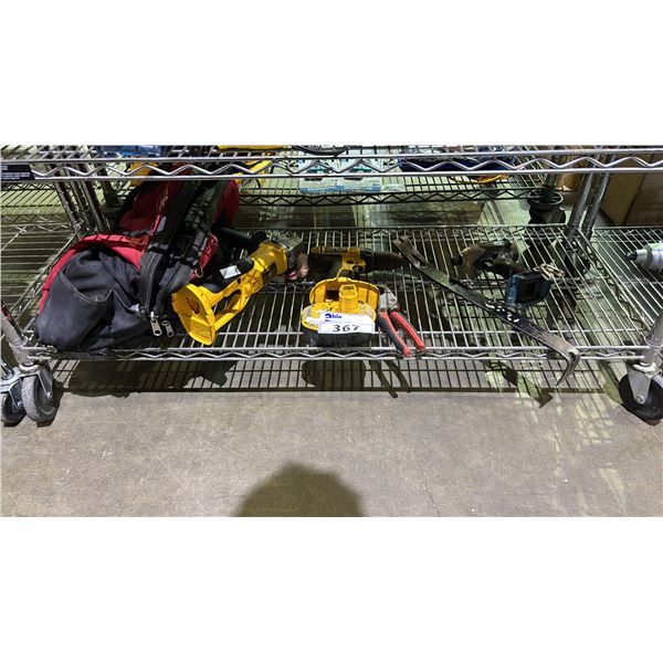 SHELF LOT OF ASSORTED ITEMS INCLUDING DEWALT CORDLESS DRILL AND DISK CUTTER AND MAKITA DRILL,