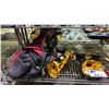 Image 2 : SHELF LOT OF ASSORTED ITEMS INCLUDING DEWALT CORDLESS DRILL AND DISK CUTTER AND MAKITA DRILL,