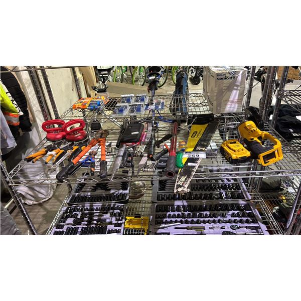 SHELF OF ASSORTED HAND TOOLS, DEWALT  CORDLESS DISK CUTTER WITH BATTERY AND STANLEY SAW