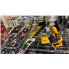 Image 3 : SHELF OF ASSORTED HAND TOOLS, DEWALT  CORDLESS DISK CUTTER WITH BATTERY AND STANLEY SAW