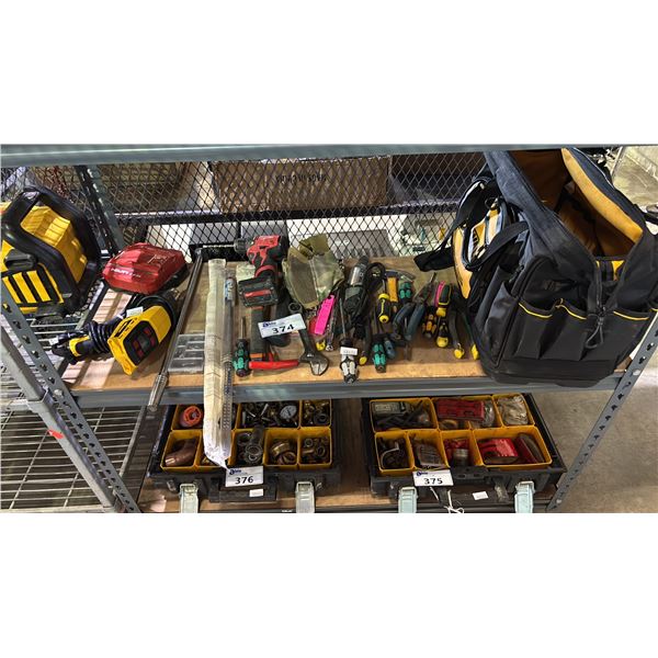 SHELF OF ASSORTED HAND TOOLS, MILWAUKEE CORDLESS DRILL, HILTI BATTERY CHARGER, DEWALT TOOL BAG AND