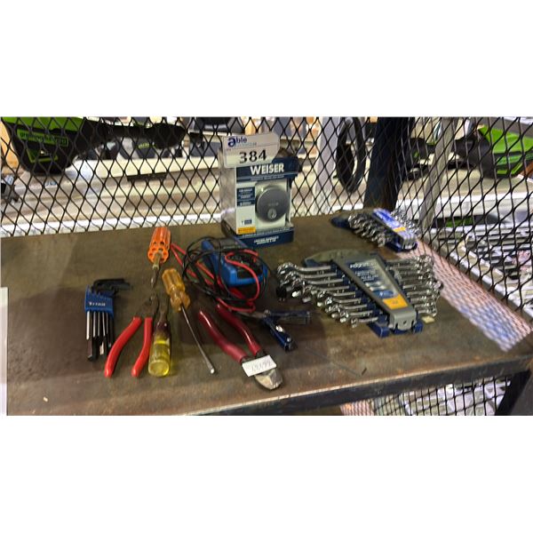 LOT OF ASSORTED HAND TOOLS AND WEISER LOCK