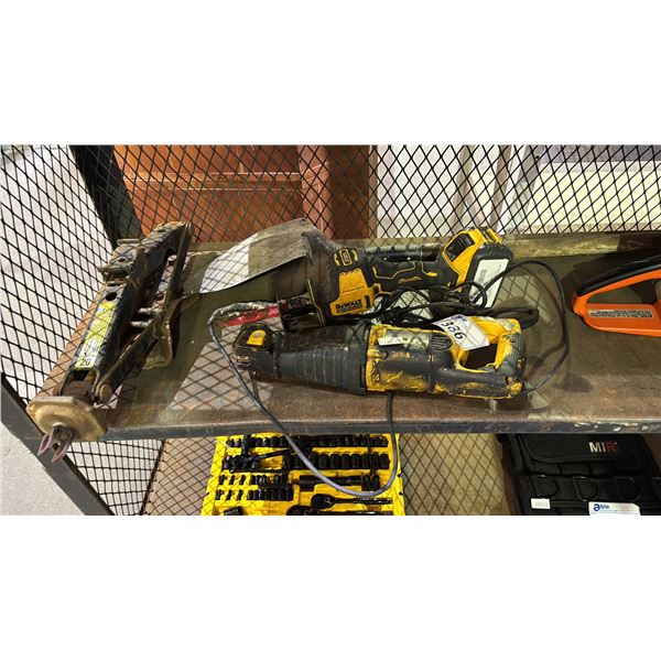 LOT OF ASSORTED ITEMS INCLUDING DEWALT CORDLESS SAW & A SAW WITH CORD, GARAGE JACK AND MORE