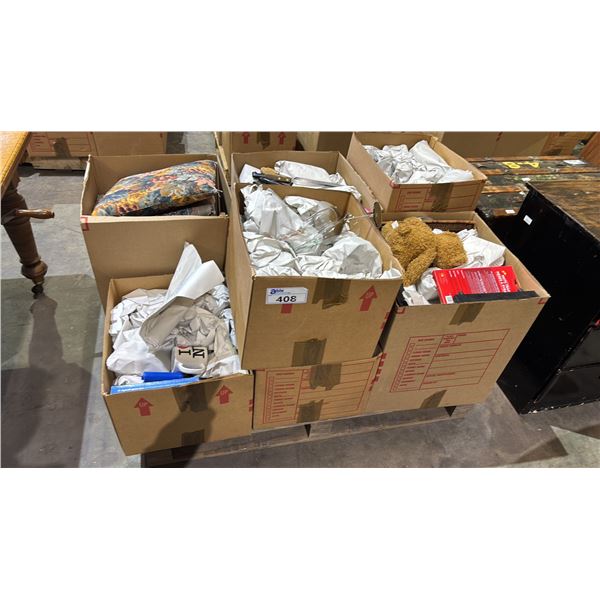 PALLET OF ASSORTED HOUSEHOLD ITEMS: COFFEE MUGS, DRINKING GLASSES, KNIVES TEDDY BEAR & MORE