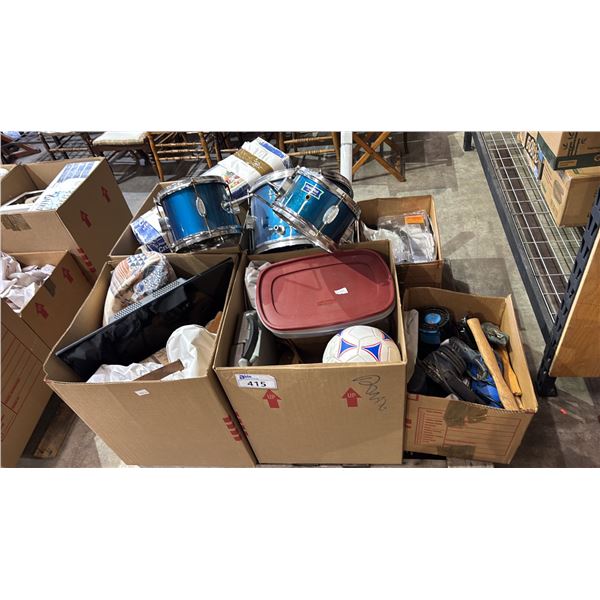 PALLET OF HOUSEHOLD ITEMS: SOCCER BALL, CUSHIONS, CANDELABRA, TOOLS & MORE *MUST TAKE ALL ON PALLET*
