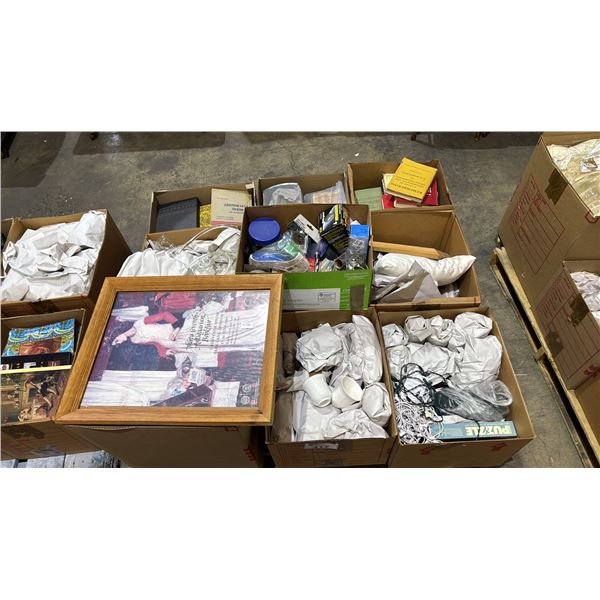 PALLET OF HOUSEHOLD ITEMS: WALL ART, COFFEE CUPS, CUSHIONS, BOOKS & MORE *MUST TAKE ALL ON PALLET*