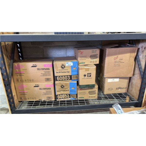 SHELF OF ASSORTED DELI CONTAINERS, PORTION CUPS, HINGED CONTAINERS, PAPER TWISTED BAGS & MORE