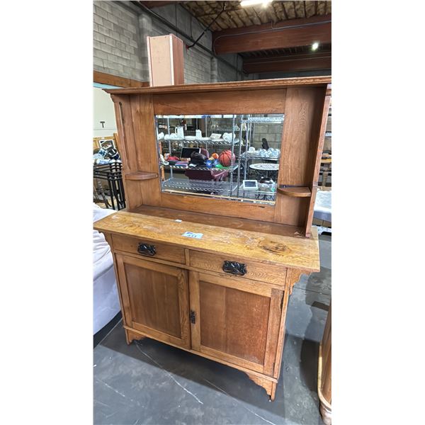 ARTS & CRAFTS STYLE OAK 2-DOOR/2-DRAWER SIDEBOARD WITH MIRROR: RIGHT SIDE SHELF NEEDS REPAIR