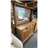 Image 2 : ARTS & CRAFTS STYLE OAK 2-DOOR/2-DRAWER SIDEBOARD WITH MIRROR: RIGHT SIDE SHELF NEEDS REPAIR
