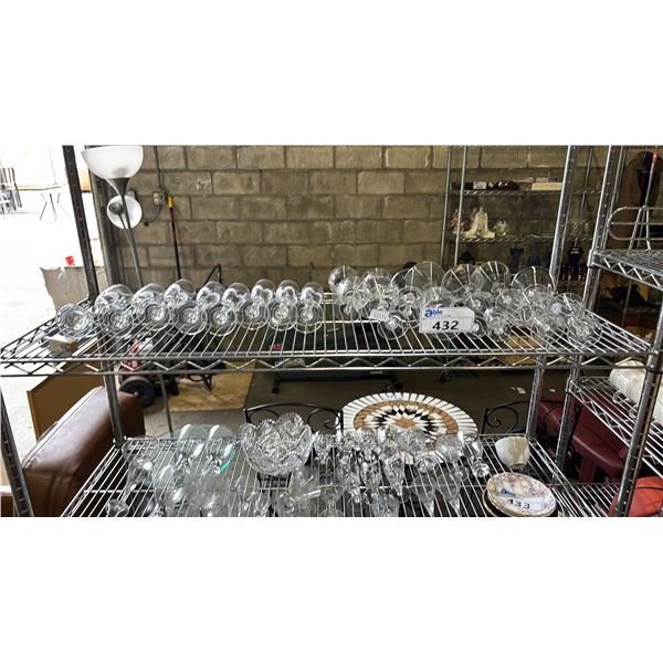 SHELF OF CHAMPAIGN FLUTES, MARTINI GLASSES, CORDIAL GLASSES & MORE