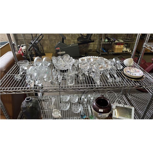 SHELF OF BEER GLASSES, CORDIAL GLASSES, CUT CRYSTAL BOWL & MORE