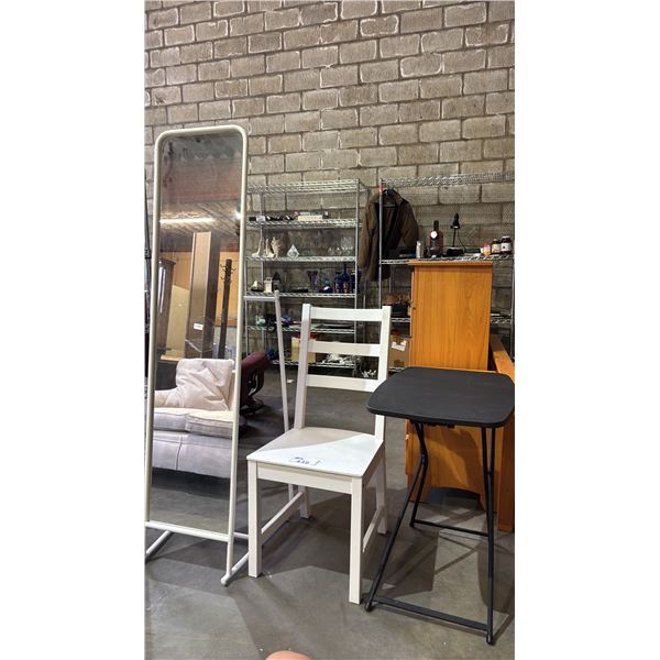 FOLDING TABLE, WHITE WOOD CHAIR & STANDING MIRROR
