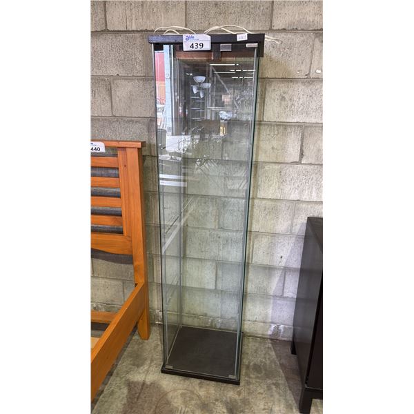 UPRIGHT GLASS DISPLAY CASE WITH INTERIOR LIGHTING: APPROX. 64"T X 17"W X 14"D