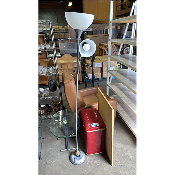 OVAL GLASS TOP SIDE TABLE, VINTAGE LAUNDRY HAMPER, TORCHIER FLOOR LAMP & CORK BOARD