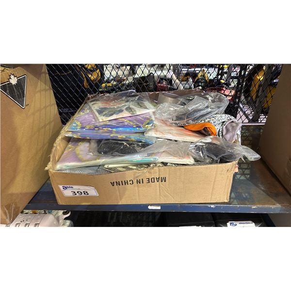 BOX OF ASSORTED PHOTO BOOTH BACKDROPS & CLOTHING