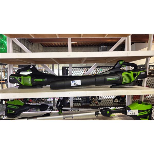 (2) GREENWORKS PRO CORDLESS LEAF BLOWERS *NO BATTERIES/NO CHARGERS/WORKING CONDITION UNKNOWN*