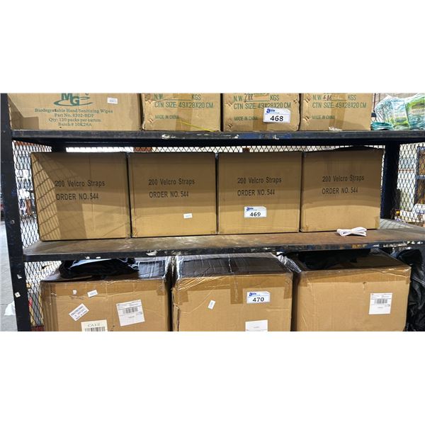 SHELF OF (4) CASES OF VELCRO STRIPS: EACH CASE HAS 200 WHITE  2" WIDE STRIPS