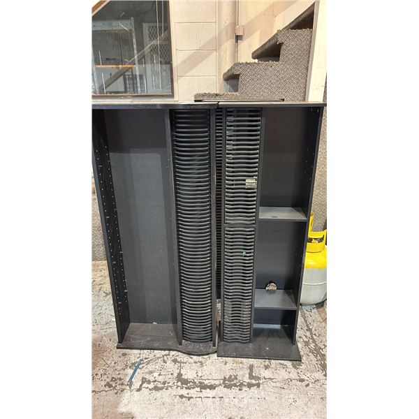 (2) VINTAGE BLACK WOOD VERTICAL MEDIA STORAGE TOWERS