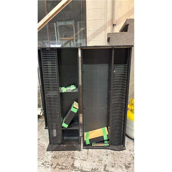(2) VINTAGE BLACK WOOD VERTICAL MEDIA STORAGE TOWERS