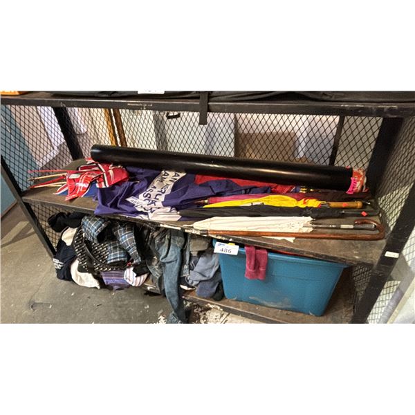 SHELF OF ASSORTED UMBRELLAS & FLAGS