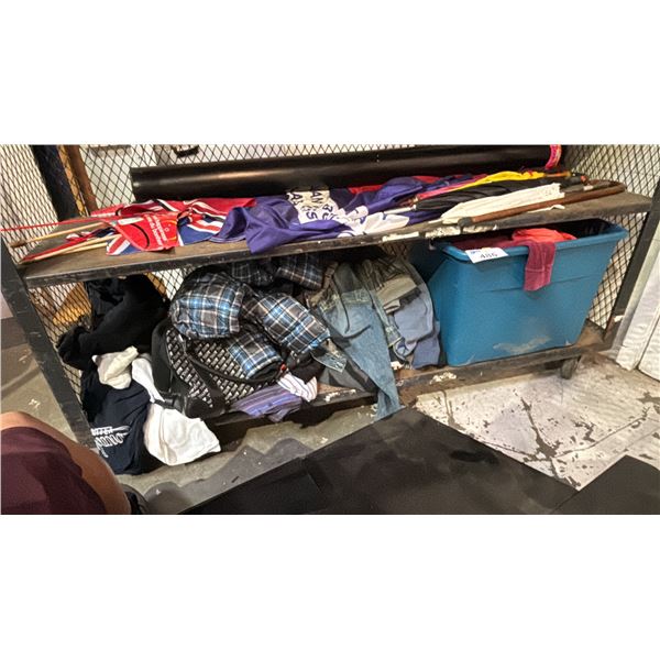 SHELF OF ASSORTED CLOTHING & A DUFFLE BAG