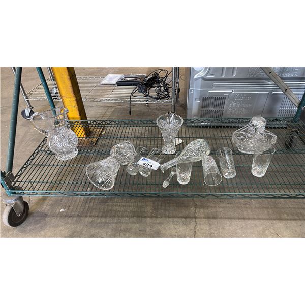 SHELF OF ASSORTED CUT GLASS VASES & DRINKING GLASSES