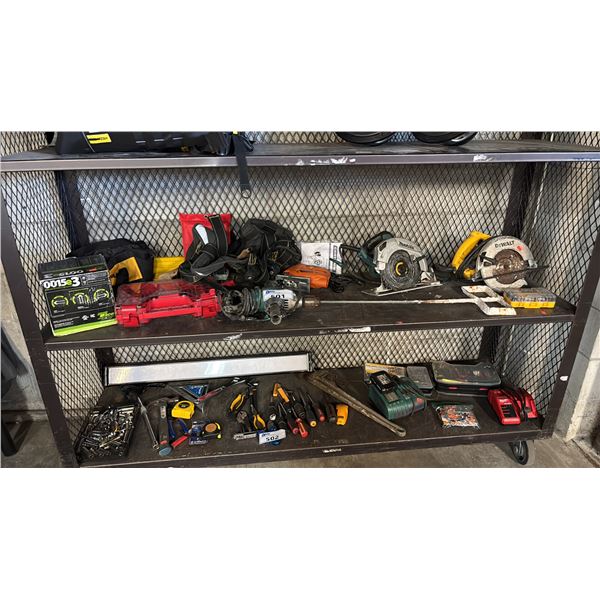 SHELF OF ASSORTED TOOLS: DEWALT CIRCULAR SAW, MAKITA CIRCULAR SAW, TOOL BELT, FIRE BLANKET & MORE