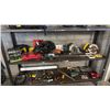 Image 1 : SHELF OF ASSORTED TOOLS: DEWALT CIRCULAR SAW, MAKITA CIRCULAR SAW, TOOL BELT, FIRE BLANKET & MORE