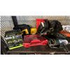Image 2 : SHELF OF ASSORTED TOOLS: DEWALT CIRCULAR SAW, MAKITA CIRCULAR SAW, TOOL BELT, FIRE BLANKET & MORE