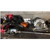 Image 3 : SHELF OF ASSORTED TOOLS: DEWALT CIRCULAR SAW, MAKITA CIRCULAR SAW, TOOL BELT, FIRE BLANKET & MORE