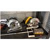 Image 4 : SHELF OF ASSORTED TOOLS: DEWALT CIRCULAR SAW, MAKITA CIRCULAR SAW, TOOL BELT, FIRE BLANKET & MORE