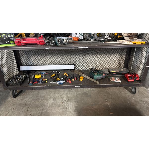 SHELF OF ASSORTED TOOLS: SCREWDRIVERS, MEASURING TAPE, SOCKET WRENCHES & MORE