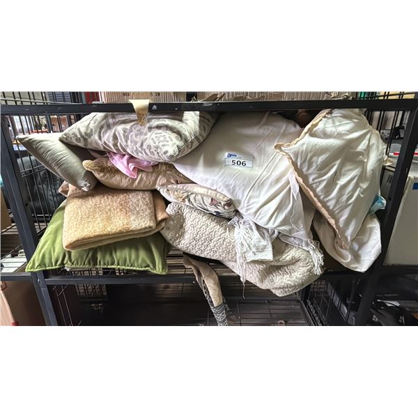 SHELF OF ASSORTED BLANKETS & THROW CUSHIONS