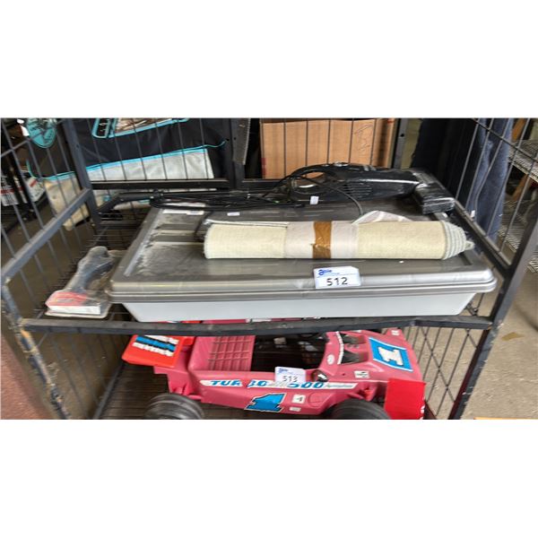 UNDER-BED STORAGE TOTE, PATTERNED CARPET RUNNER, EUREKA "THE BOSS" BAGLESS VACUUM & STRAP WRENCH