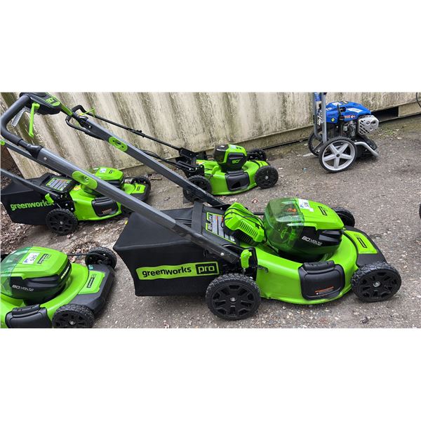 GREENWORKS PRO CORDLESS 21" LAWNMOWER WITH GRASS CATCHER, BATTERIES & CHARGER *WORKING CONDITION