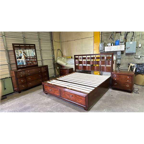 FOLIO 21 AVIGNON BEDROOM SET: KING SIZE BED WITH 2 FOOTBOARD DRAWERS, LOWBOY DRESSER W/MIRROR & 2