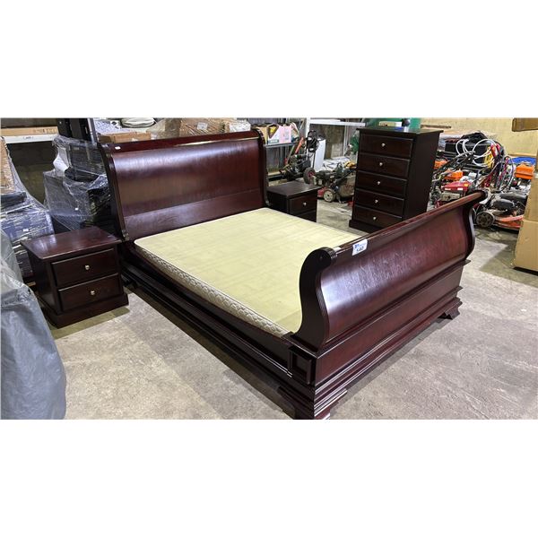 WOOD QUEEN SIZE BED WITH BOXSPRING, TALLBOY DRESSER & 2 NIGHTSTANDS