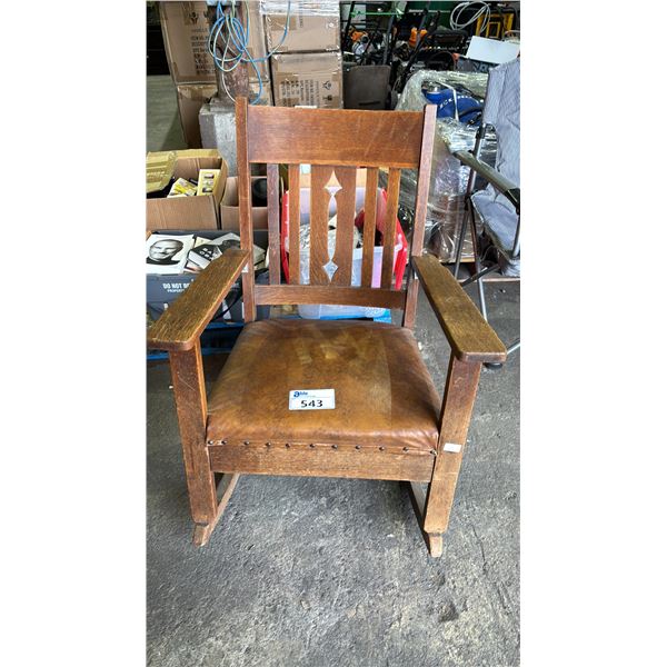 MISSION STYLE WOOD ROCKING CHAIR WITH PADDED UPHOLSTERED SEAT