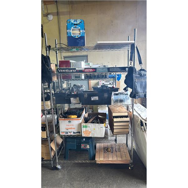 RACK OF ASSTD. ITEMS: SOCCER GOAL SET, TOOL BOXES, RTA SOLID PINE TABLE & MORE *RACK INCLUDED*