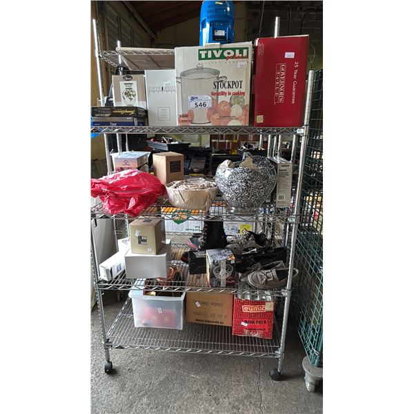 RACK OF ASSTD. ITEMS; POTS & PANS, PUNCH BOWL SET, SHOES, GLASSWARE & MORE *RACK INCLUDED*