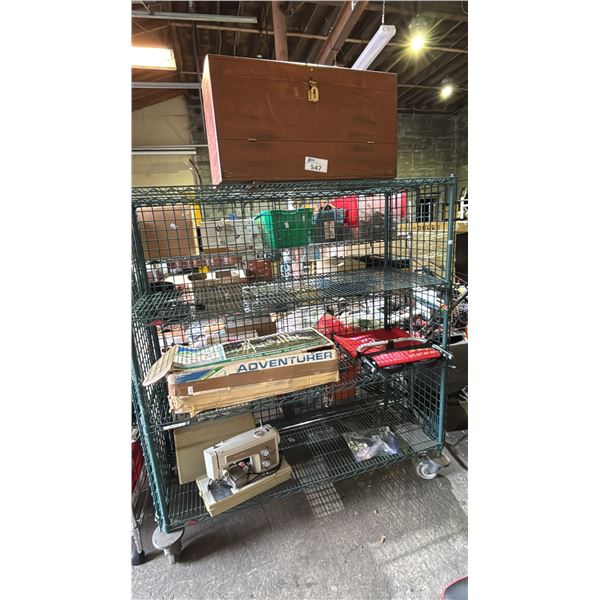 RACK OF ASSTD. ITEMS: WOOD STORAGE BOX, WOOD PLAYGROUND KIT, VTG. SEWING MACHINE & MORE *RACK NOT