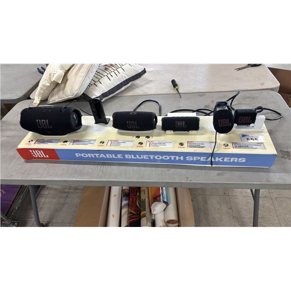 JBL SPEAKER STORE DISPLAY UNIT WITH ASSORTED JBL STORE DISPLAY BLUETOOTH SPEAKERS (UNKNOWN WORKING