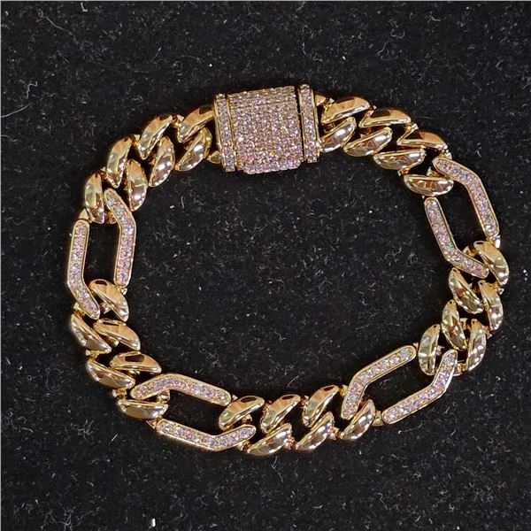 *NEW* 14KT GOLD PLATED 11MM SIMULATED DIAMOND (CZ) ICED OUT CUBAN LINK BRACELET: 7.5" LONG